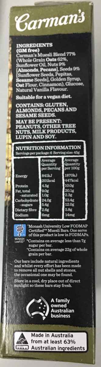 Carman`s Kitchen - 全果仁燕麥條45g (不含麩質) (6條)(Fruit Free Muesli Bars)